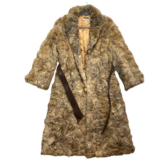 Vintage Dino Ricco Rabbit Fur Coat Womens Medium Brown Belted Long Trench Chic